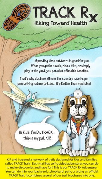 Advertisement: Dr. Track dog with a stethoscope, dragonfly, and trail shoe. Promoting hiking for health benefits.