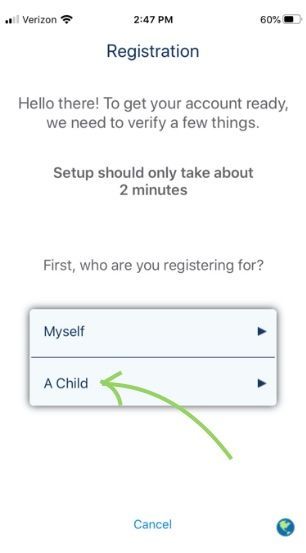 A registration screen; options to register for 