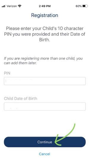 Registration screen with fields for PIN and child's date of birth. 
