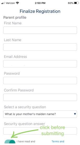 Registration form: fields for first name, last name, email, password, security question, and an answer. Green 