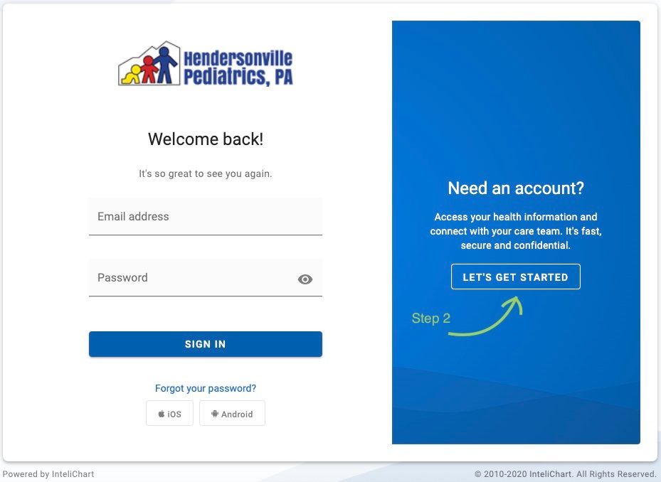 Login page for Hendersonville Pediatrics with email, password fields, and a blue 