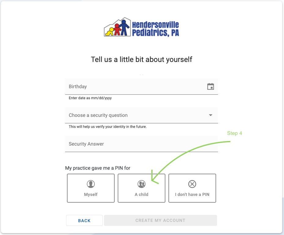 Web form with Hendersonville Pediatrics logo, asking for user details: email, security question, answer, and PIN selection: 