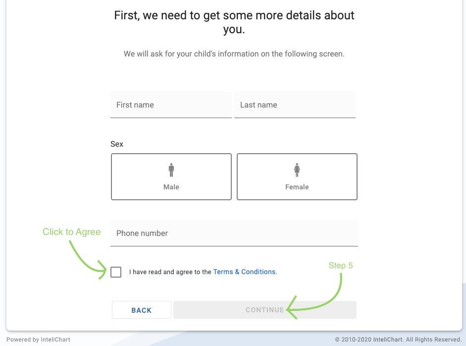 Form requesting first name, last name, sex (male/female), phone number, Terms & Conditions acceptance, with 