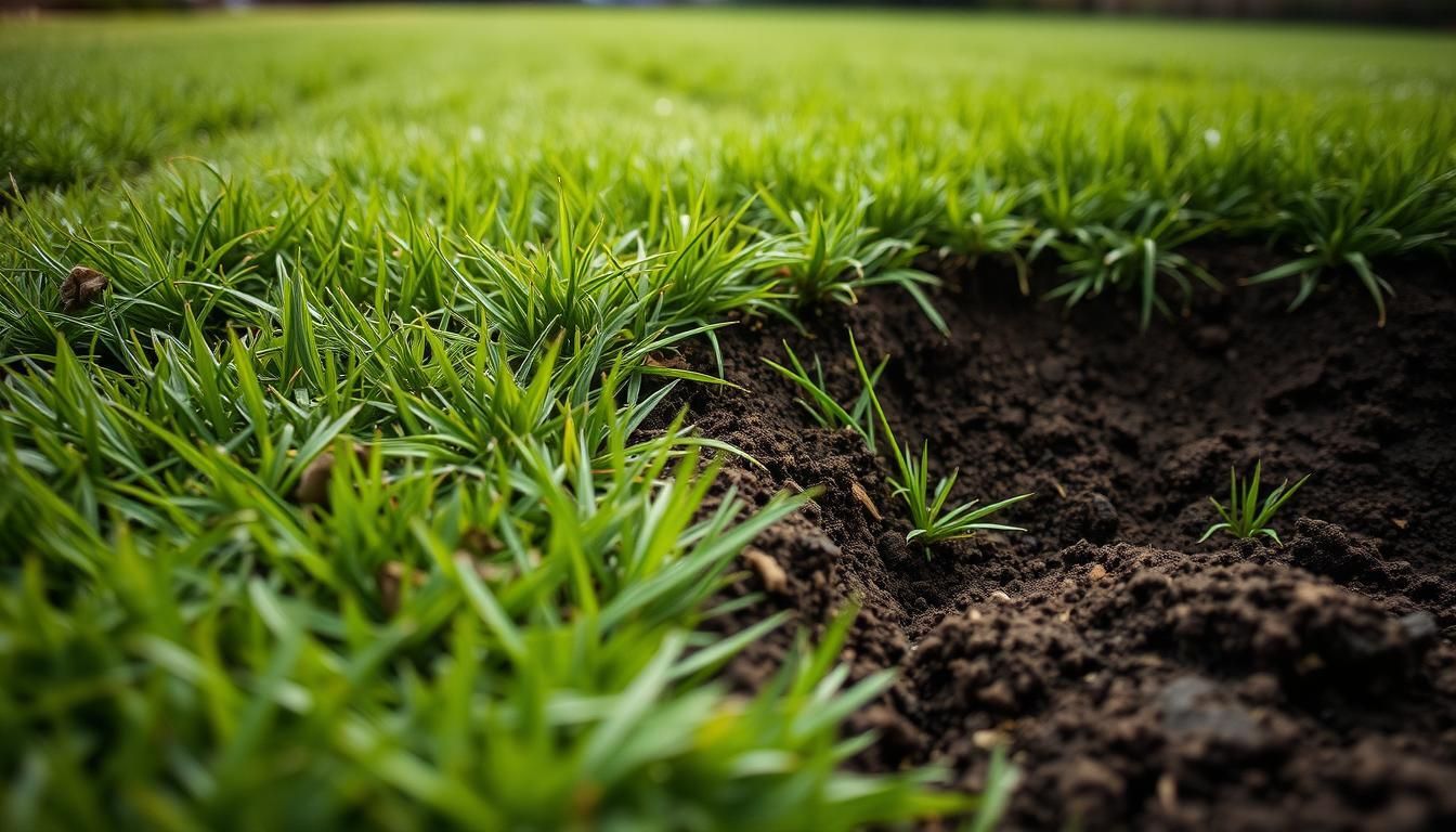 Close-up of vibrant green grass and dark soil. Shows freshly cut sod and new grass growth.
