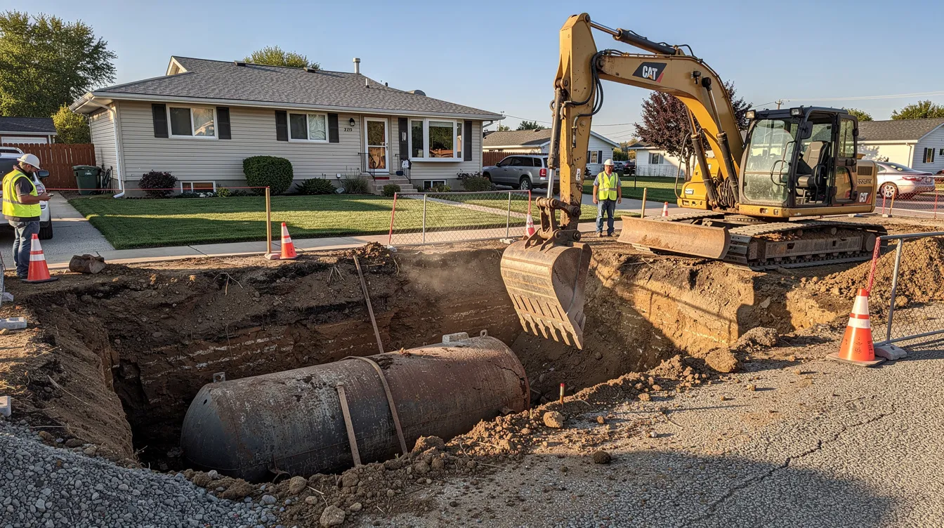 The image depicts excavation equipment positioned near a residential yard, where an old oil tank removal is taking place. The machinery is likely involved in the process of converting from oil to gas, highlighting the transition to a more efficient gas heating system.