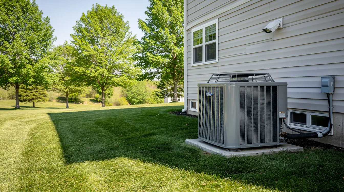 An outdoor HVAC condenser unit is situated next to a residential home, surrounded by a lush green lawn and trees. This air conditioning unit is part of the home's cooling system, essential for maintaining optimal indoor air quality and energy efficiency.