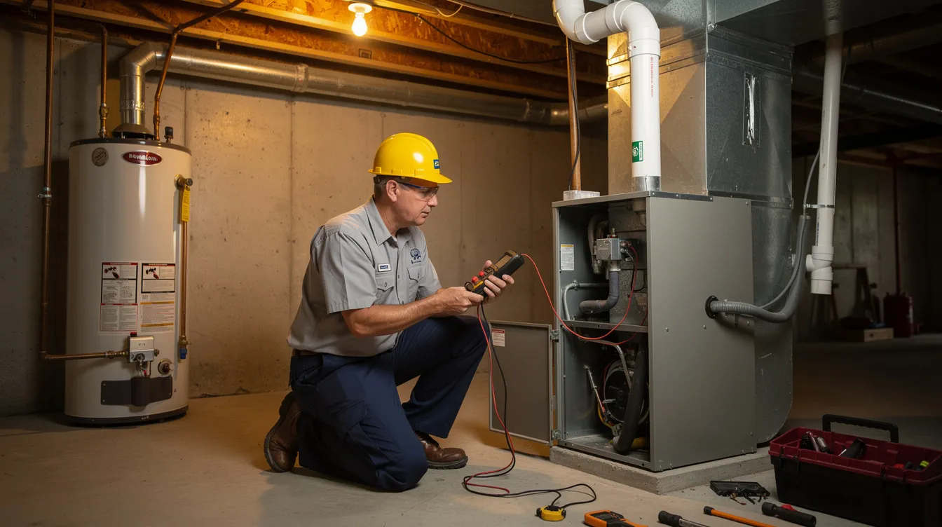 Technician in a yellow hard hat inspecting a furnace system in a basement with tools nearby