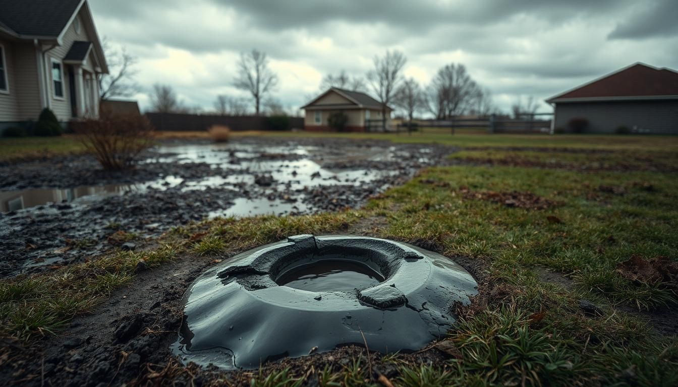 A flooded lawn with a water-filled septic tank lid in the foreground under a cloudy sky; houses in the background.
