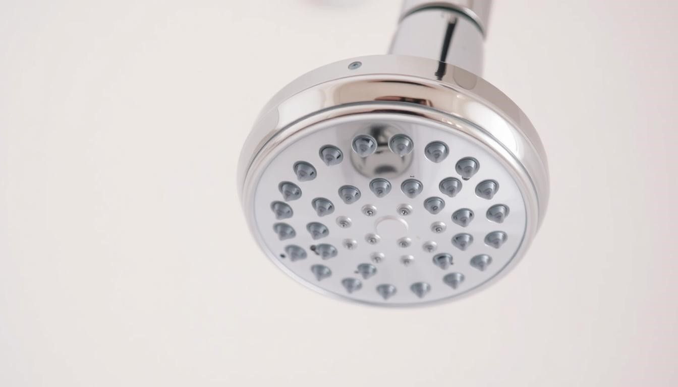 Chrome showerhead against a white background, with multiple spray nozzles.