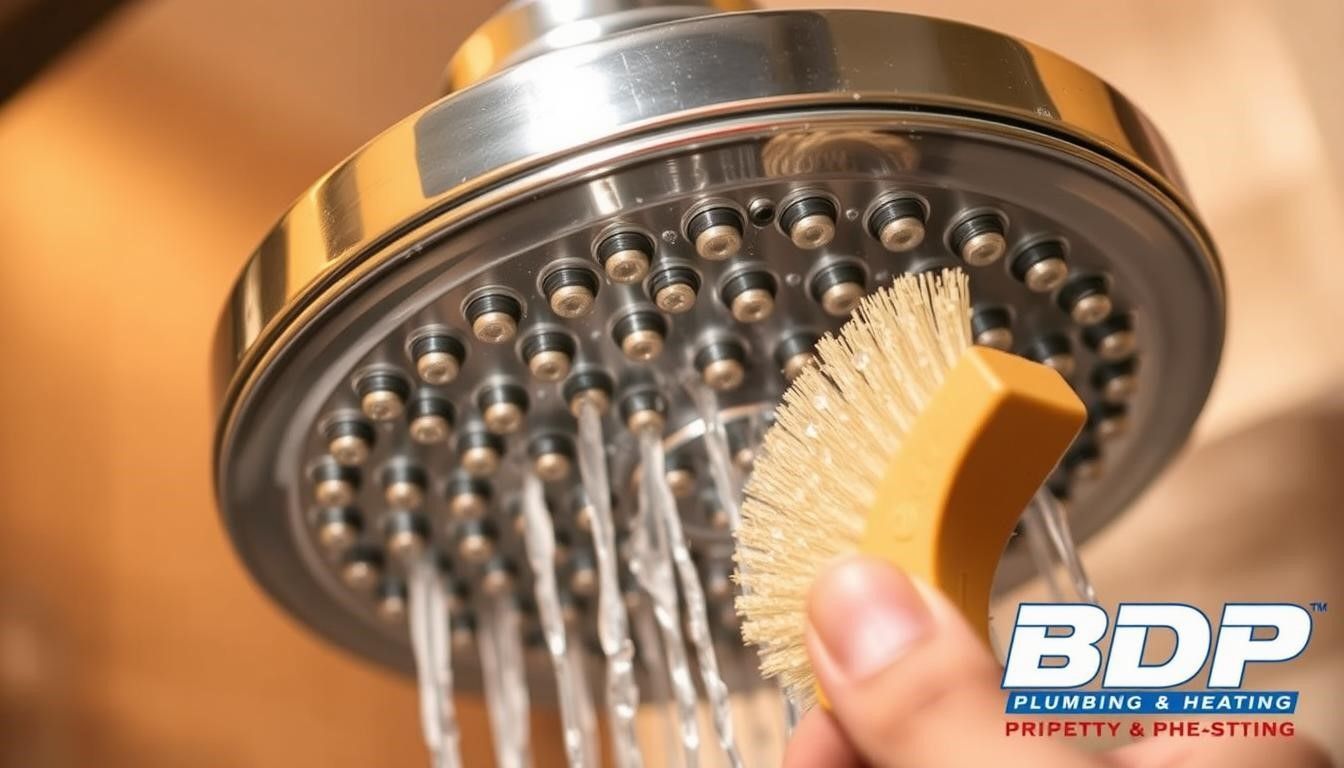 A person cleaning a showerhead with a brush; water is running.
