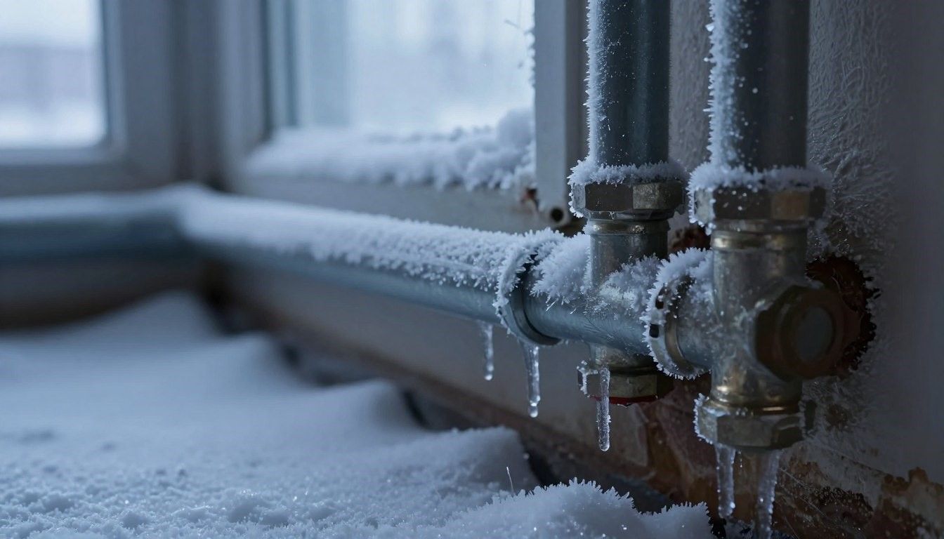 Snow-covered pipes and window sill, with ice formations, likely indicating freezing conditions inside a building.
