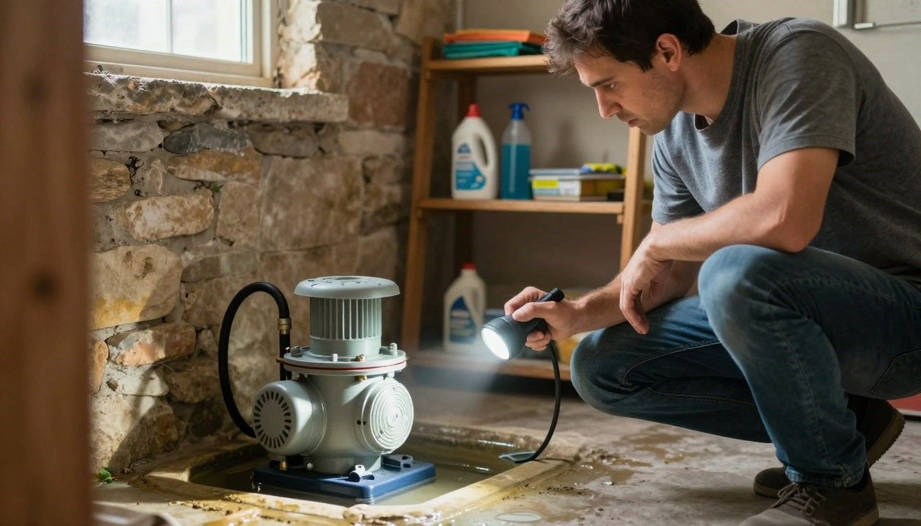 Man inspecting a sump pump in a basement with a flashlight.