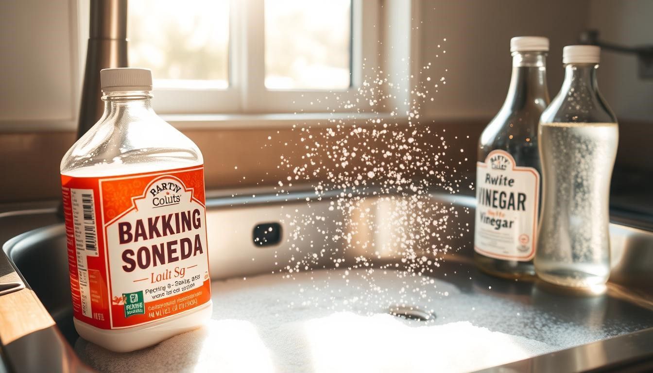 Baking soda reacting with vinegar in a kitchen sink, creating a bubbling effect.