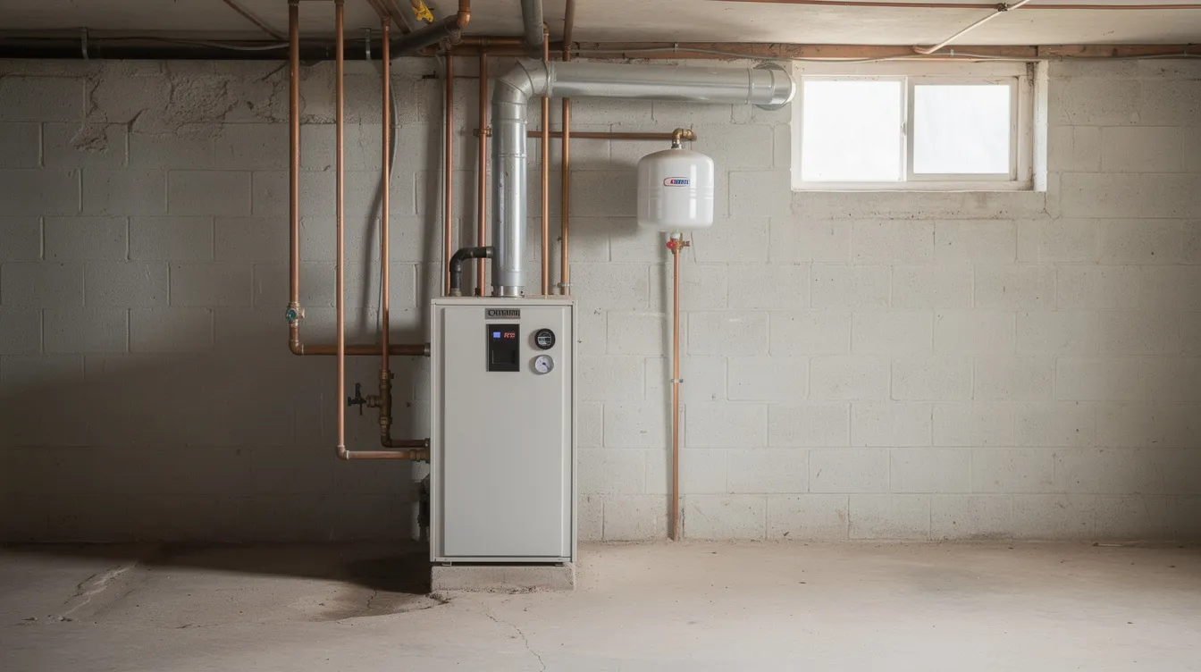 The image depicts a common boiler unit found in a New Jersey home, showcasing its compact design and essential components like the burner and controls. This efficient heating system is crucial for homeowners, emphasizing the importance of regular boiler maintenance and repair services for optimal performance.