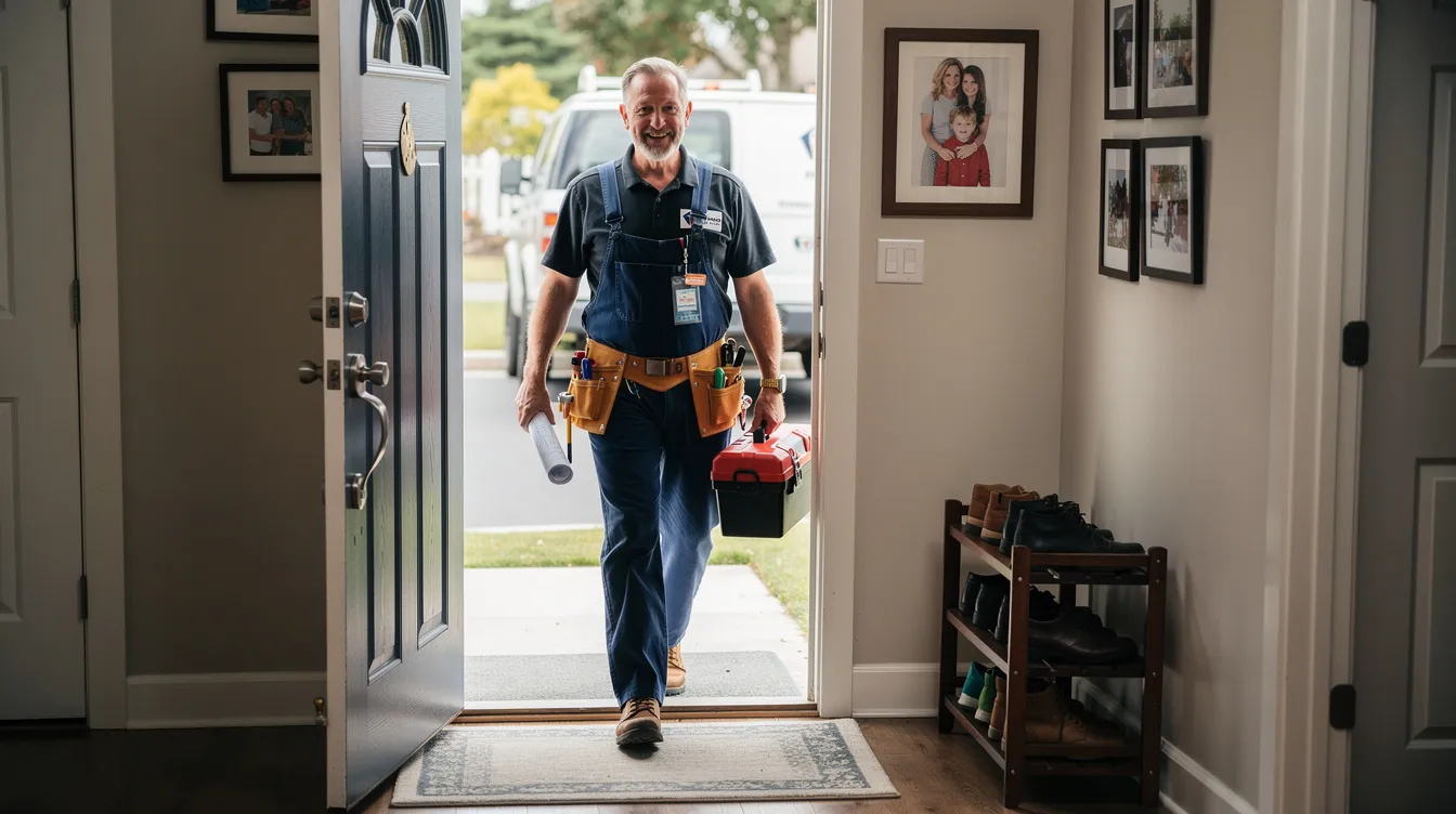 A plumber, equipped with tools and wearing a uniform, is entering a family home to provide essential plumbing services. This professional is ready to address any plumbing issues, ensuring reliable and efficient maintenance of the home's plumbing systems.