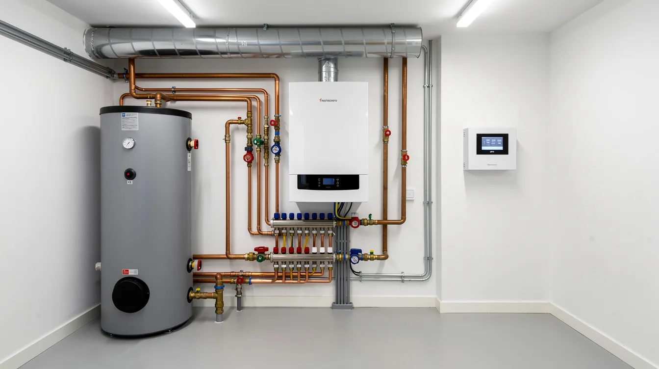 The image depicts a modern residential gas heating system installed in a tidy utility room, featuring a sleek gas furnace connected to a natural gas line. This efficient heating system emphasizes the transition from oil heating to gas heat, showcasing the benefits of natural gas conversion for homeowners.