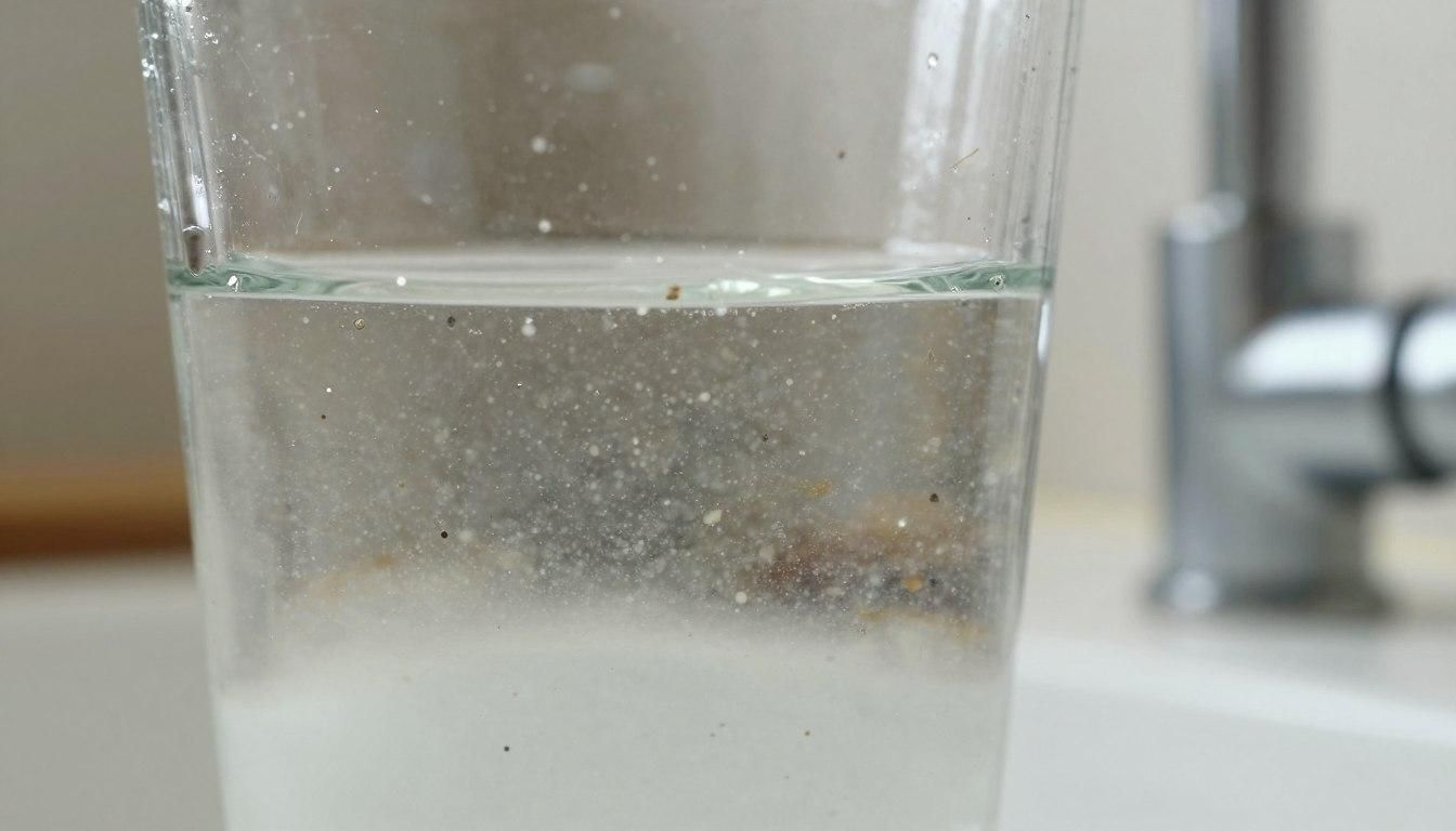Glass of cloudy water, with sediment settled at the bottom, near a faucet.