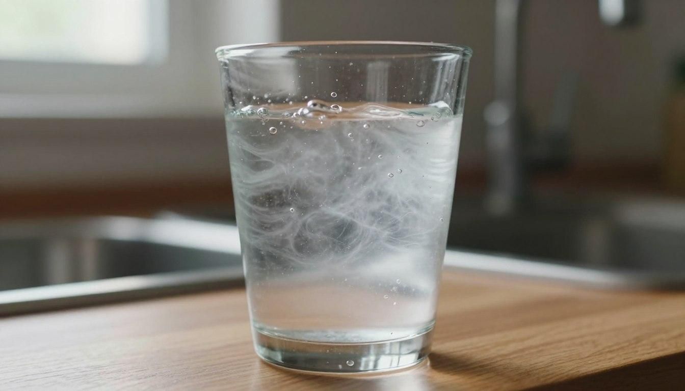 Glass of water with white, feathery substance suspended throughout. Set on a wooden countertop near a sink.