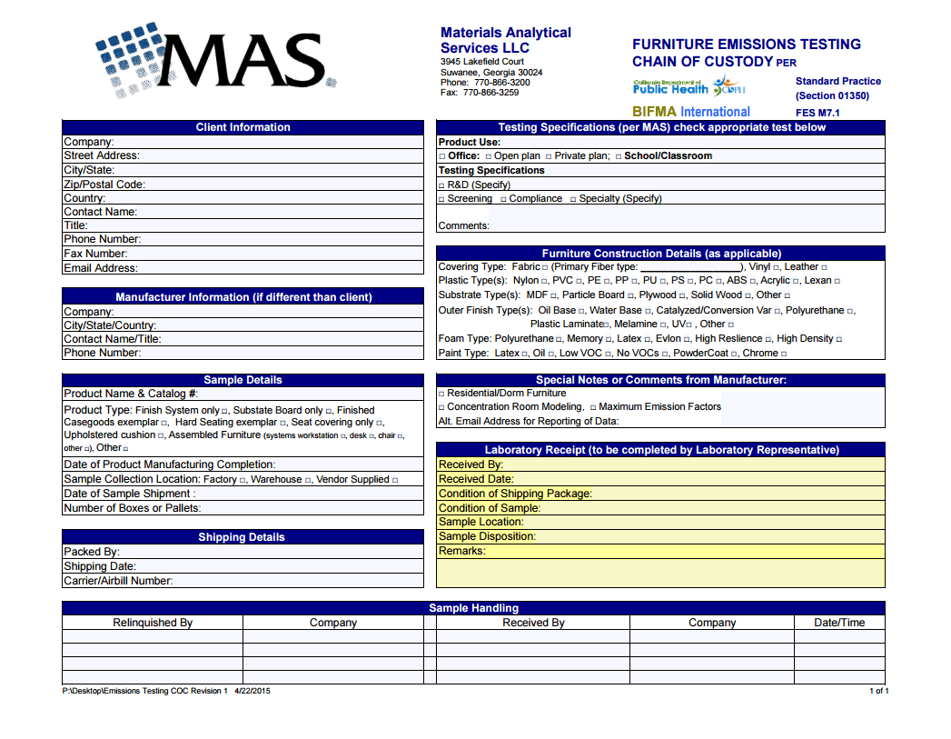 Bulk sampling chain of custody form from MAS Test