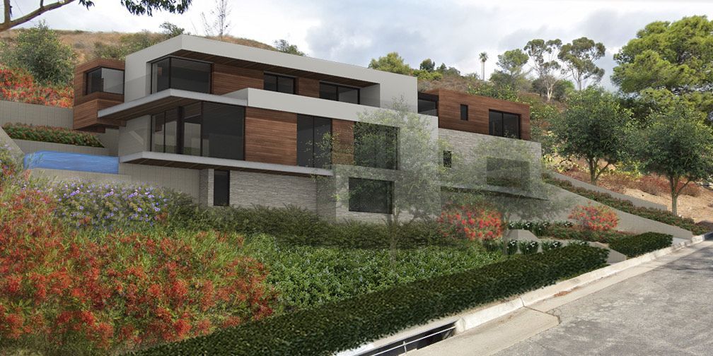 An artist 's impression of a modern house on a hillside.