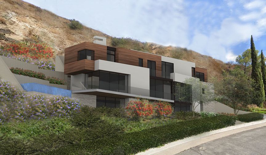 An artist 's impression of a modern house on a hillside.