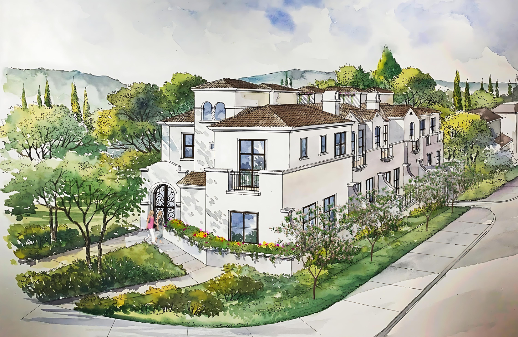 An artist 's impression of a white house with a brown roof