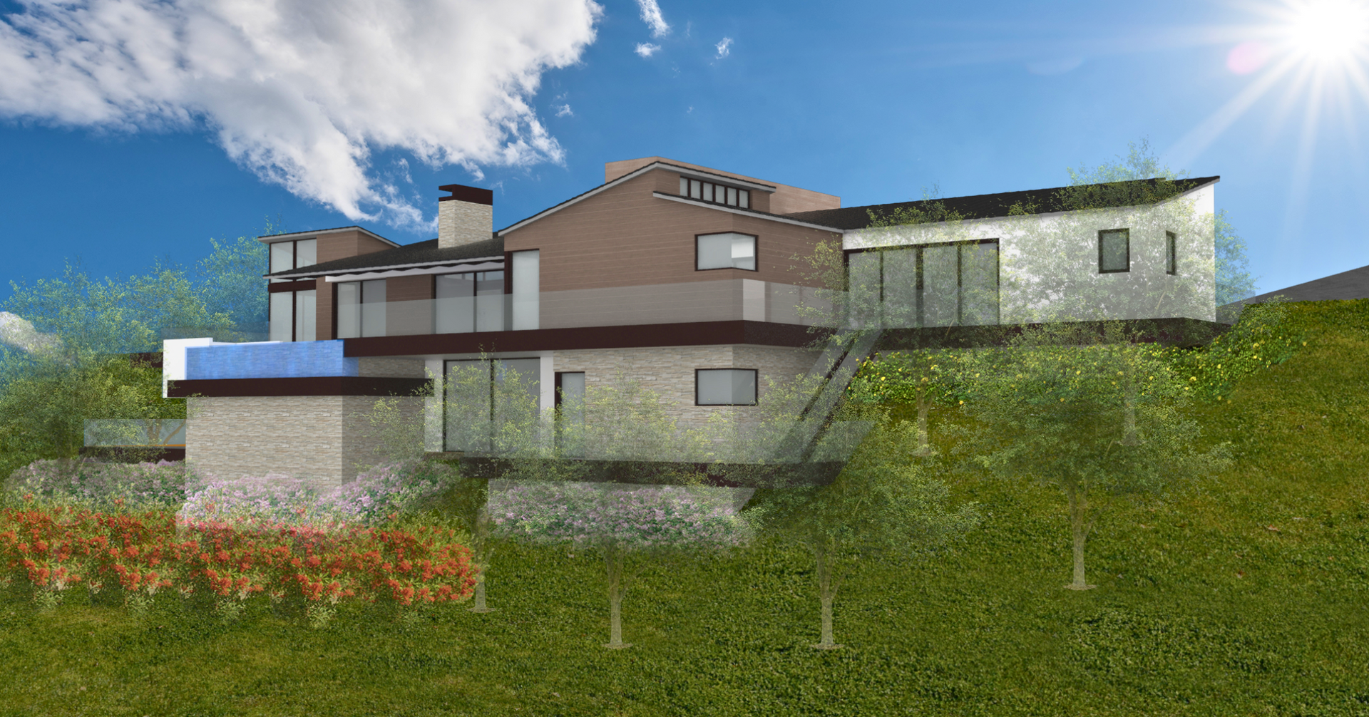 A large house is sitting on top of a grassy hill.