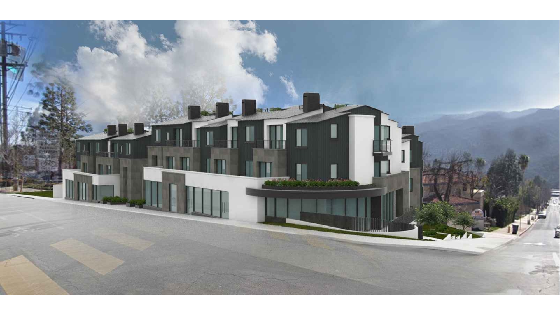 An artist 's impression of a row of apartment buildings