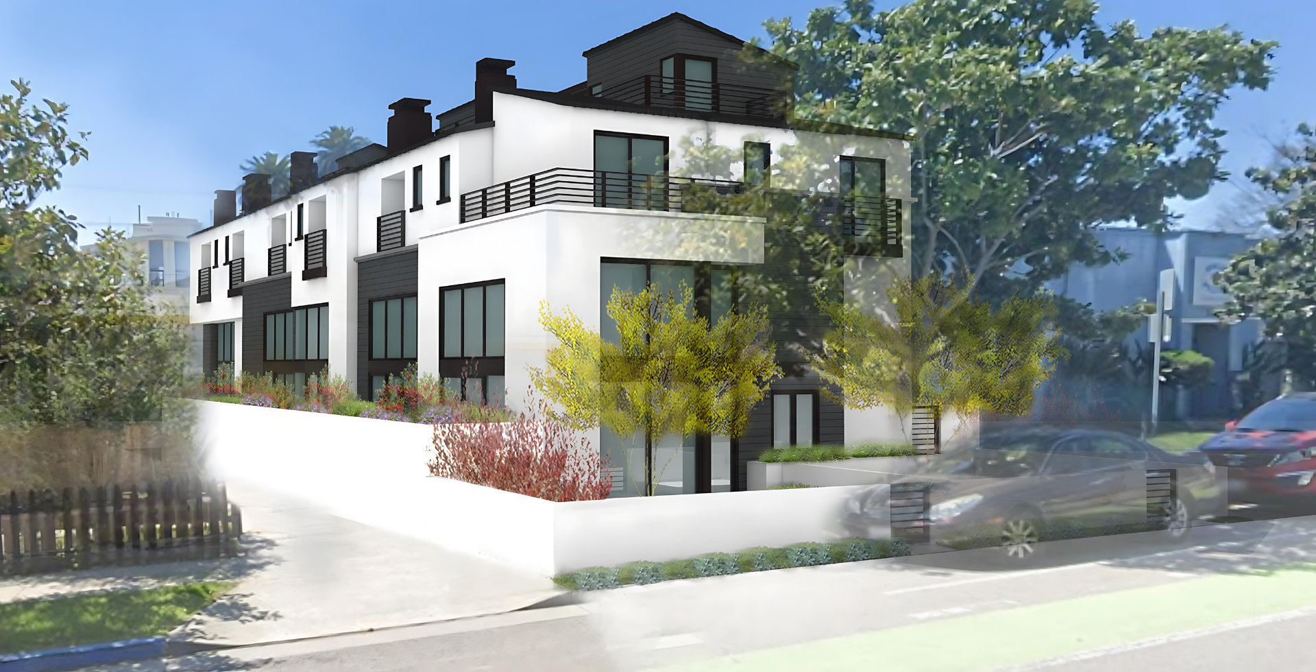 An artist 's impression of a building with a lot of windows and trees in front of it.