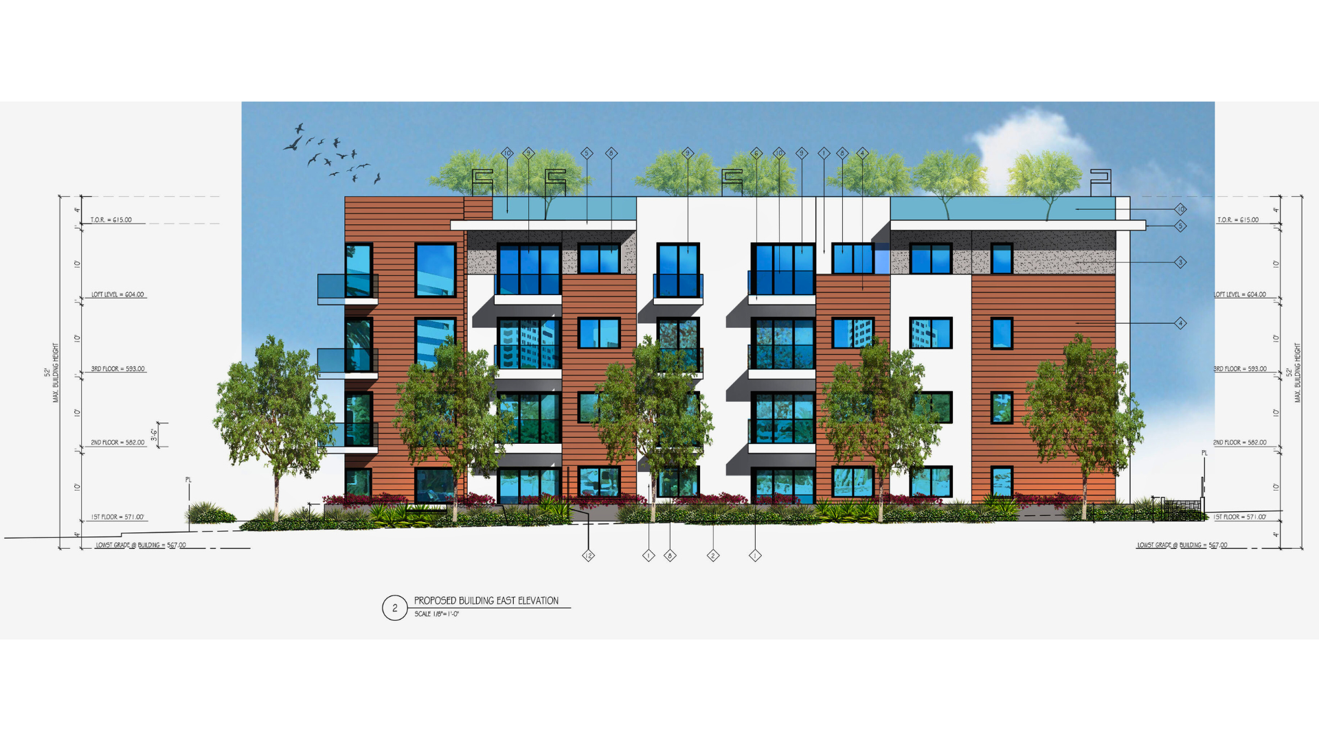 A drawing of a building with trees on top of it