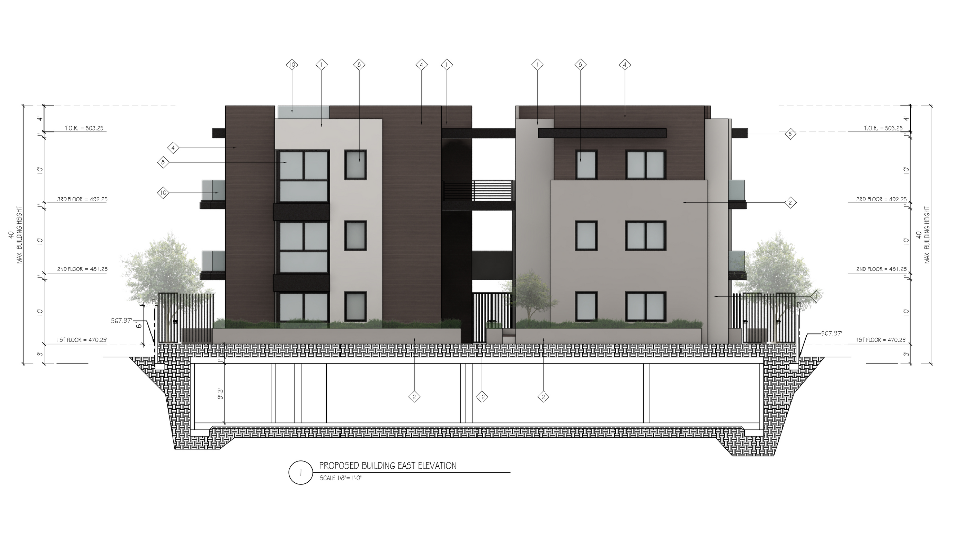 A black and white drawing of a building with a lot of windows