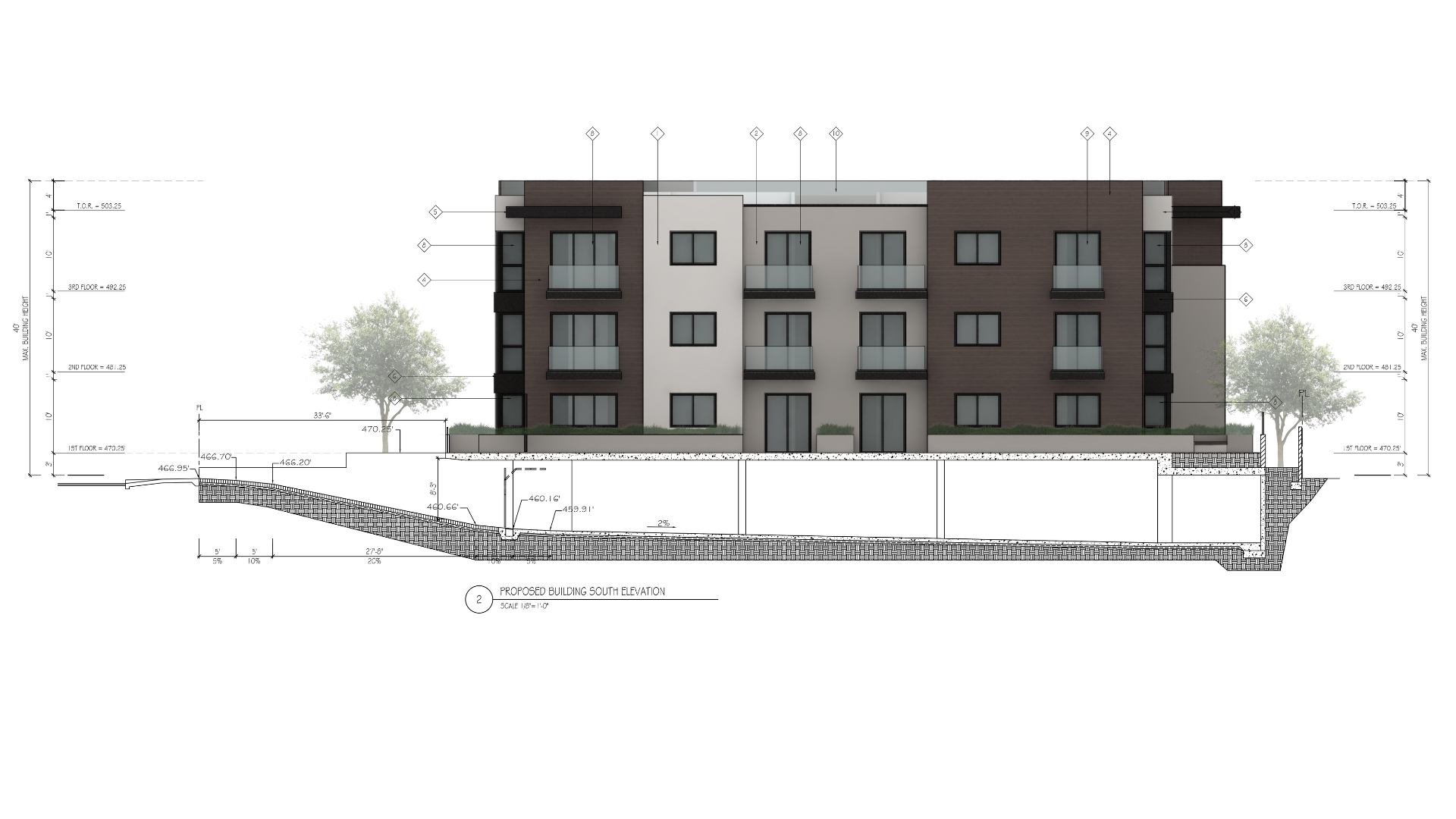 A drawing of a building with a lot of windows and balconies