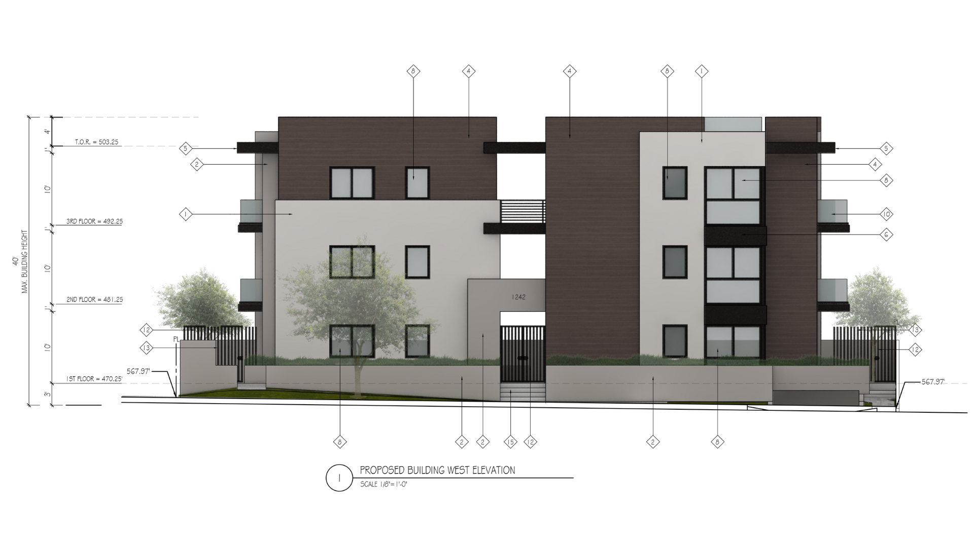 A drawing of a building with a lot of windows