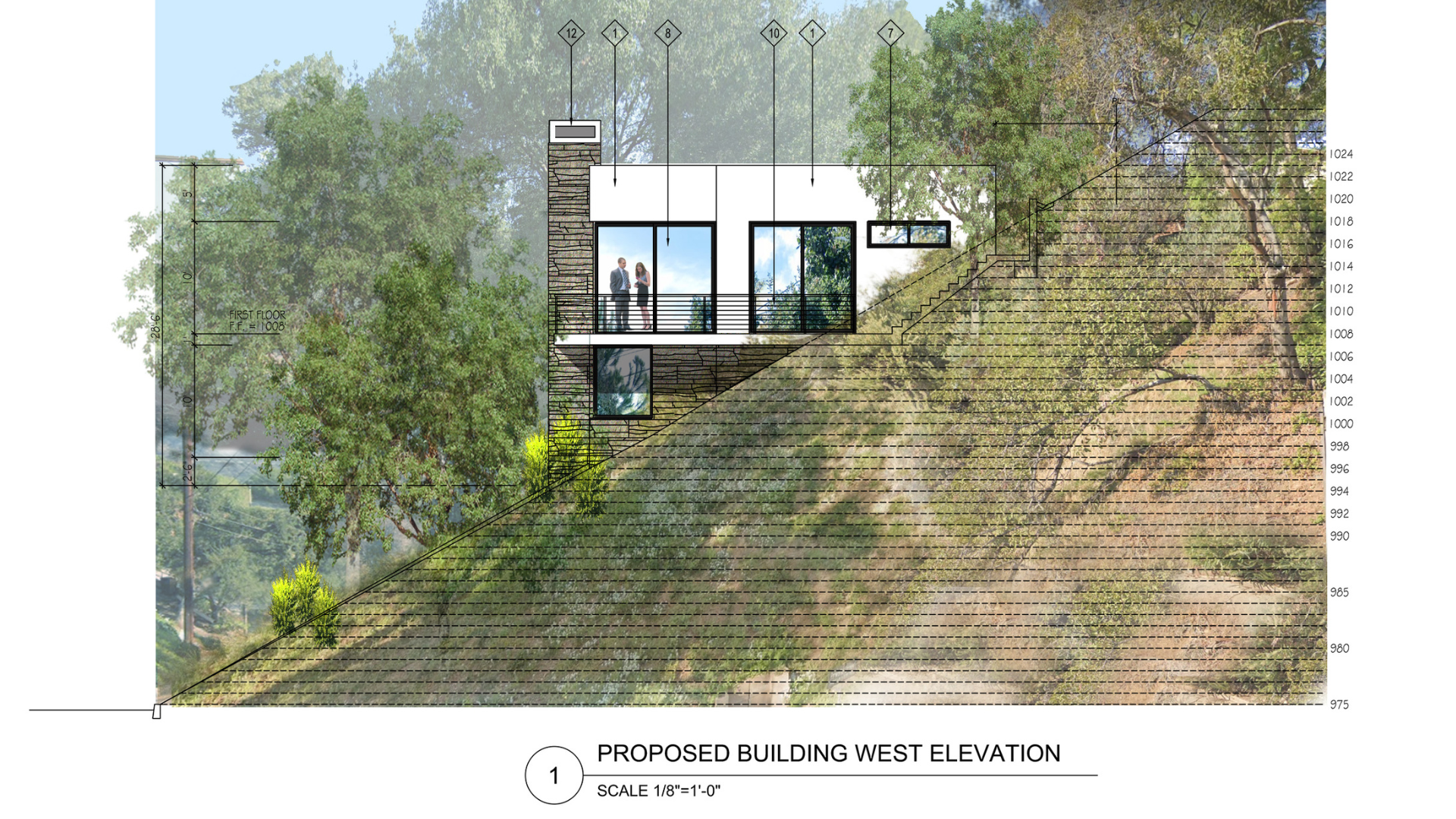 A drawing of a house on a hill with trees in the background