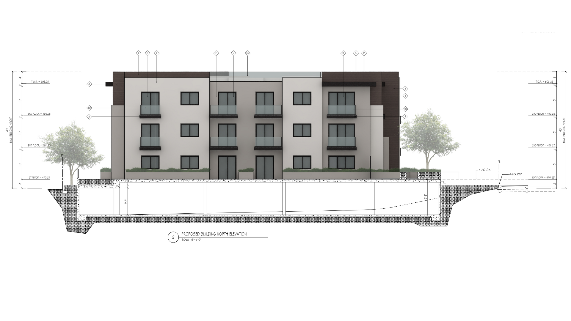 A drawing of a building with a lot of windows