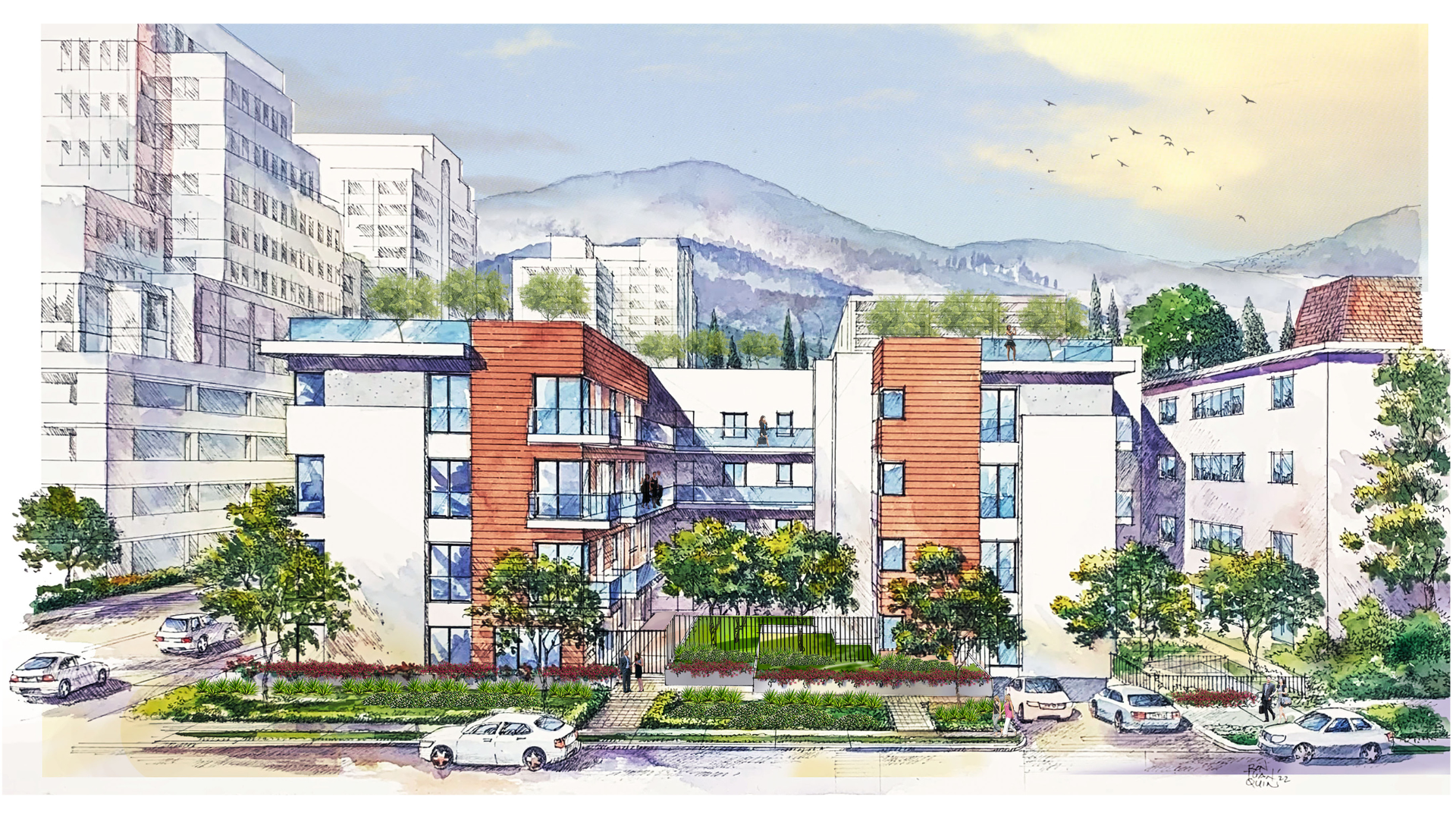 A drawing of a building with trees in front of it