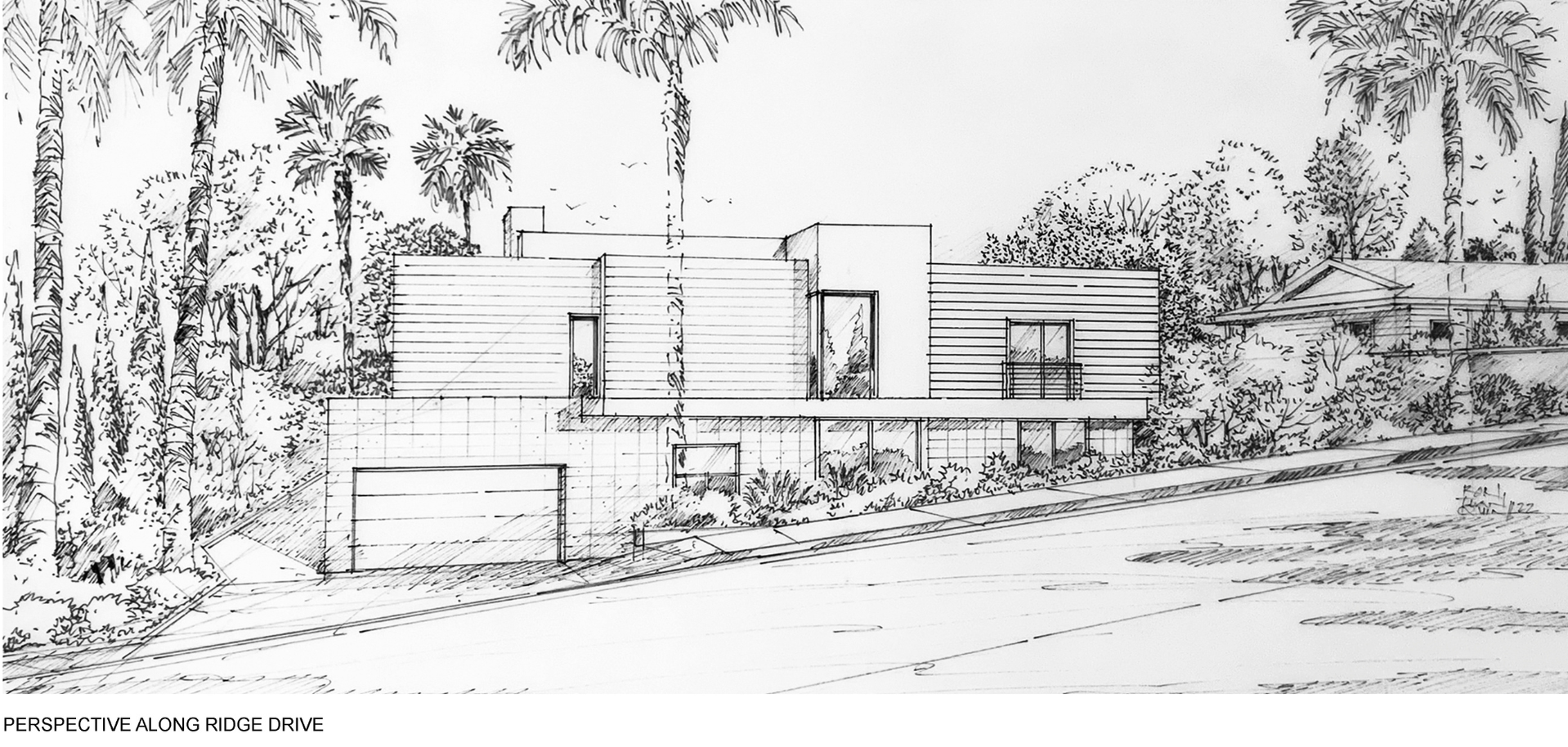 A black and white drawing of a house with palm trees in the background