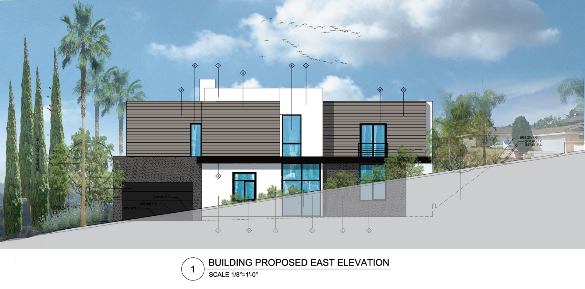 A drawing of a house with a lot of windows