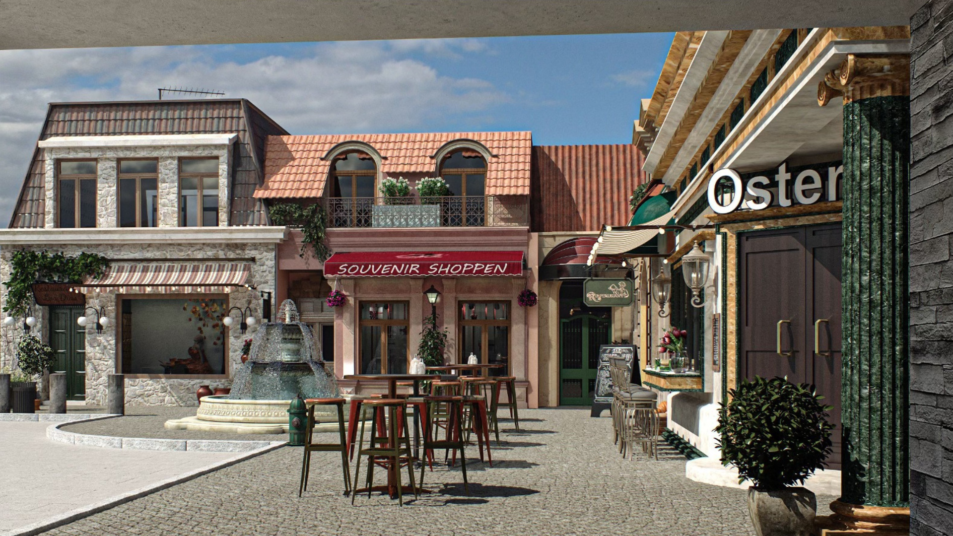 The word oster is on the side of a building