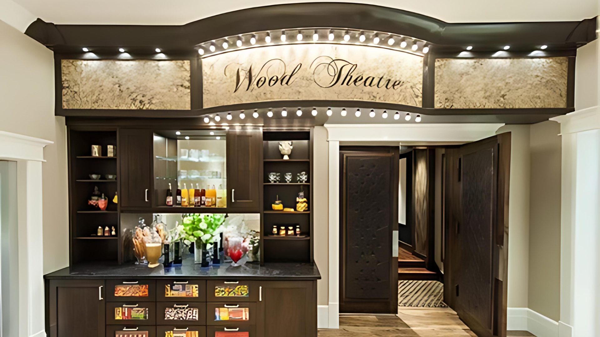 A room with a bar and a sign that says world theatre