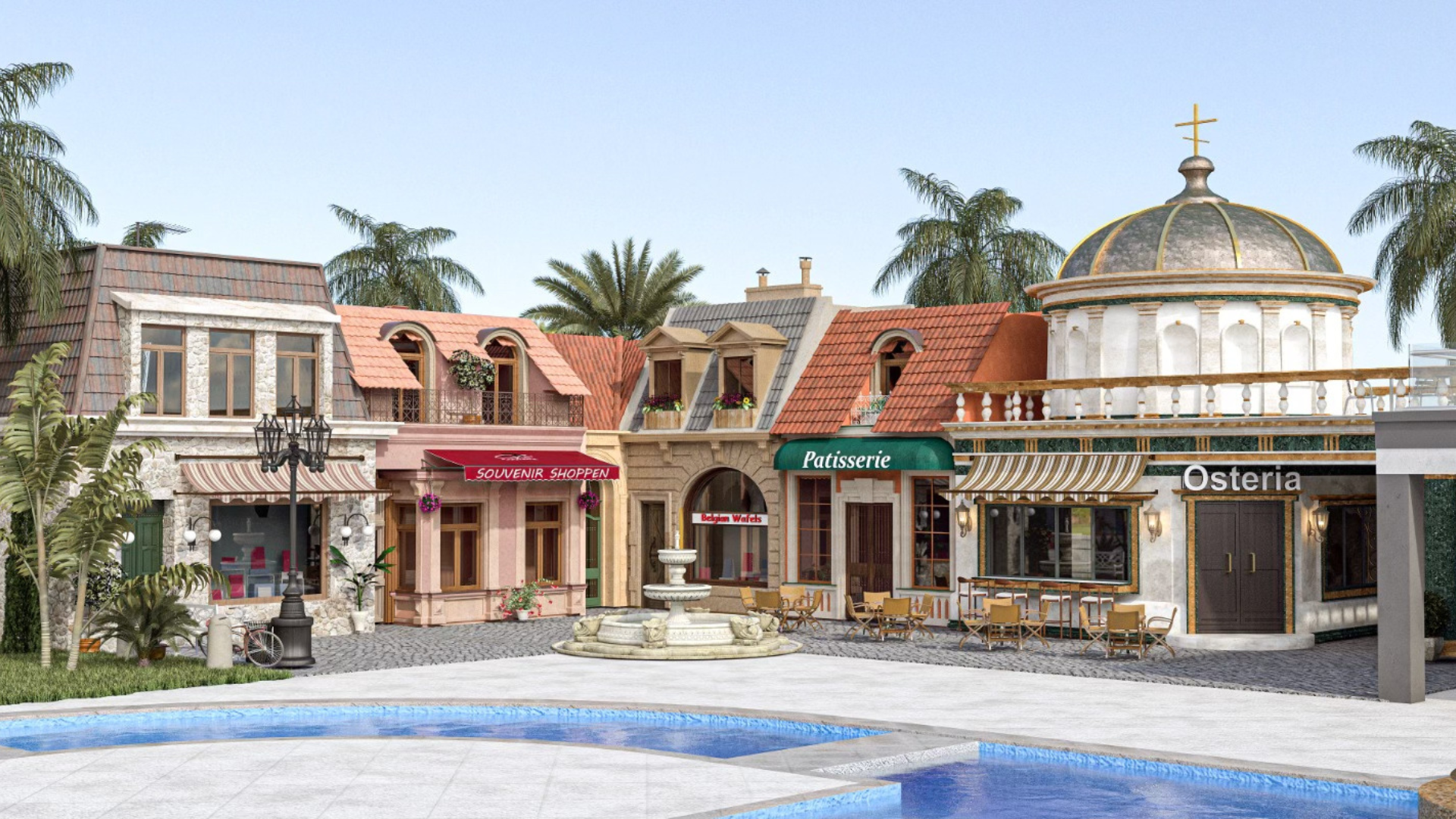 A row of buildings with a pool in the middle of them.