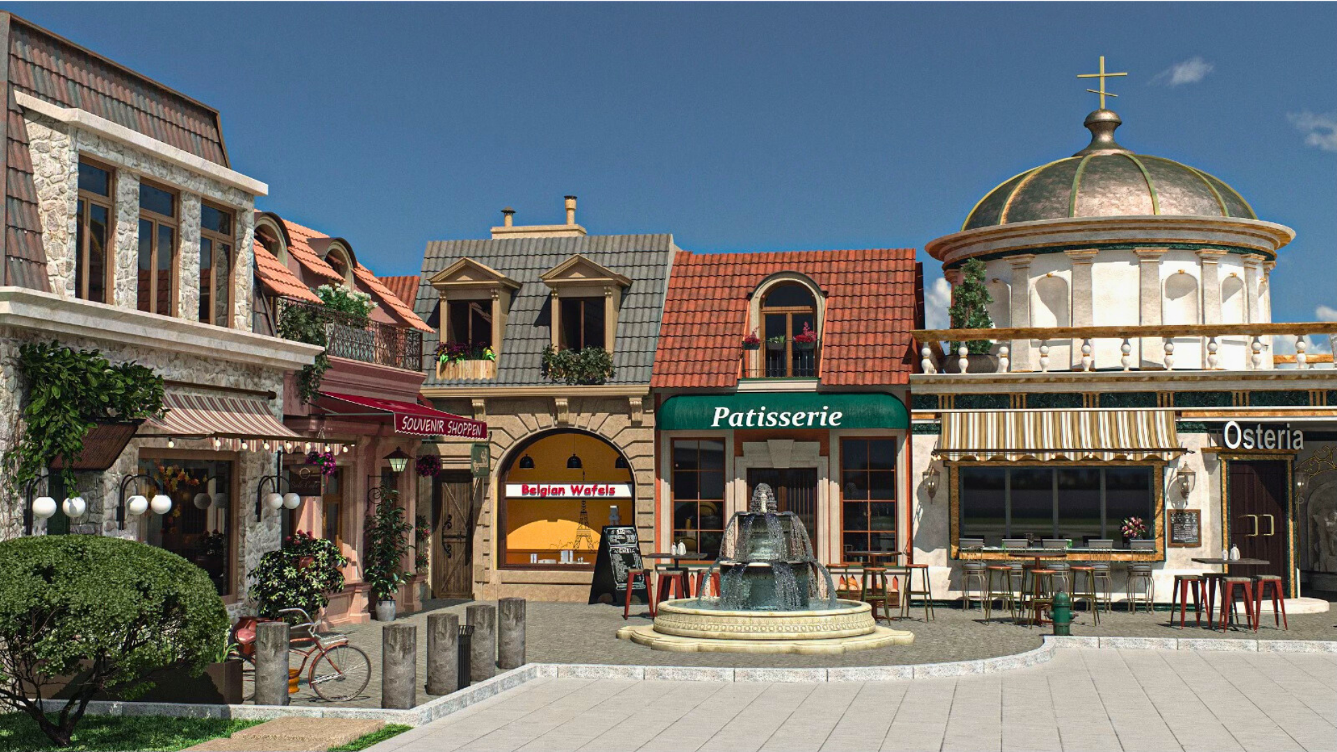 A row of buildings with a green awning that says patisserie