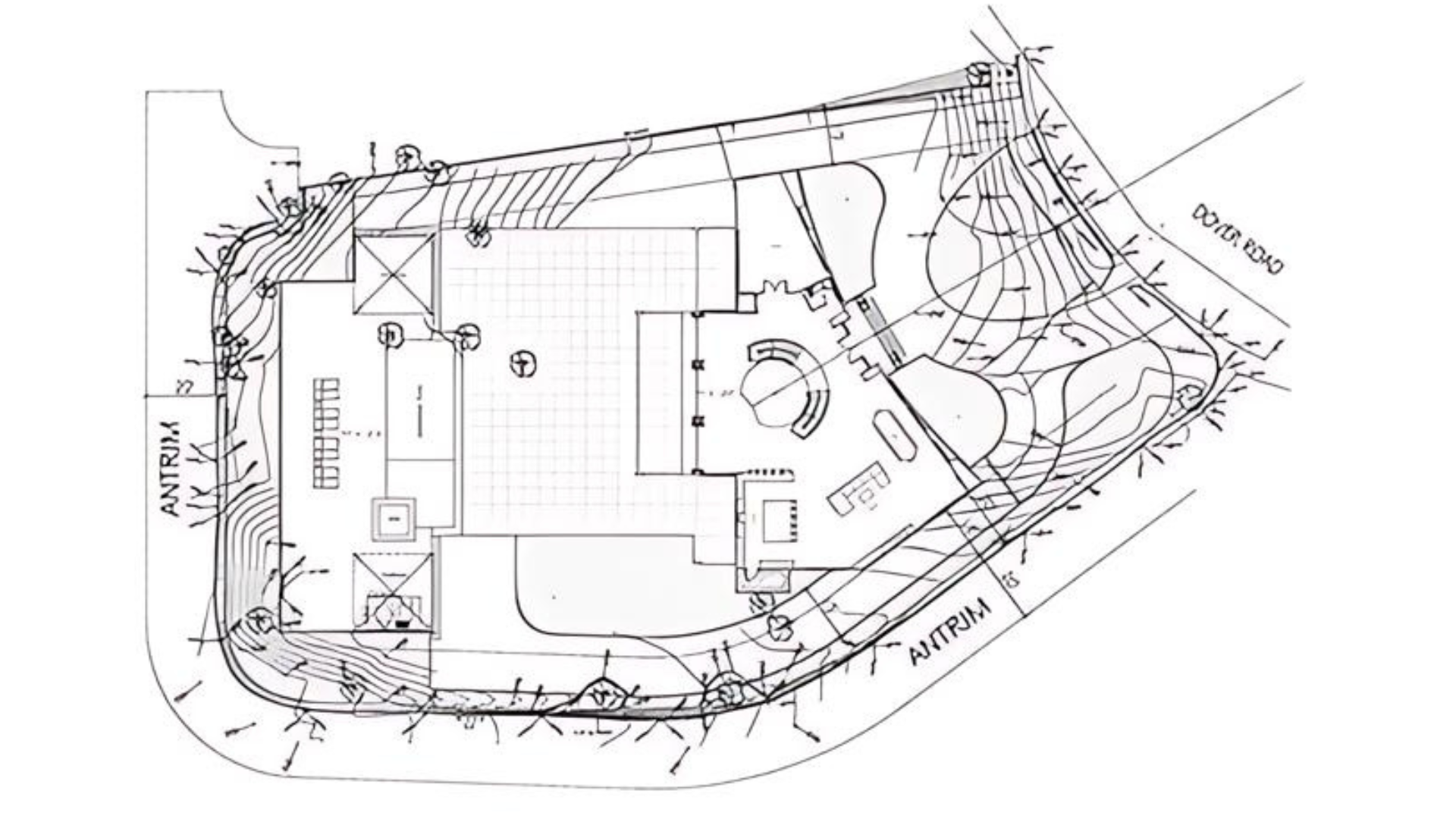A black and white drawing of a house on a white background