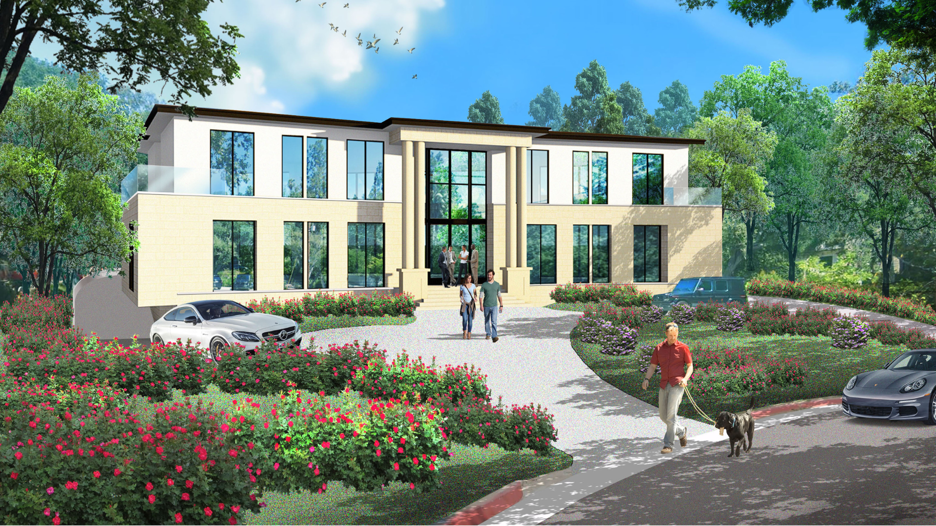 A man walking a dog in front of a large building