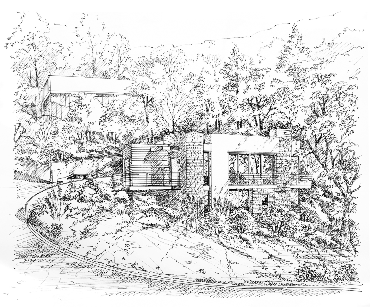 A black and white drawing of a house surrounded by trees.
