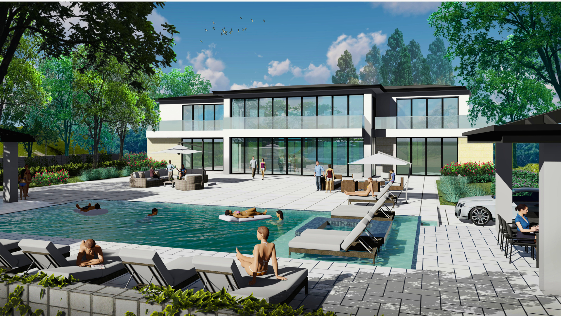 An artist 's impression of a large house with a swimming pool