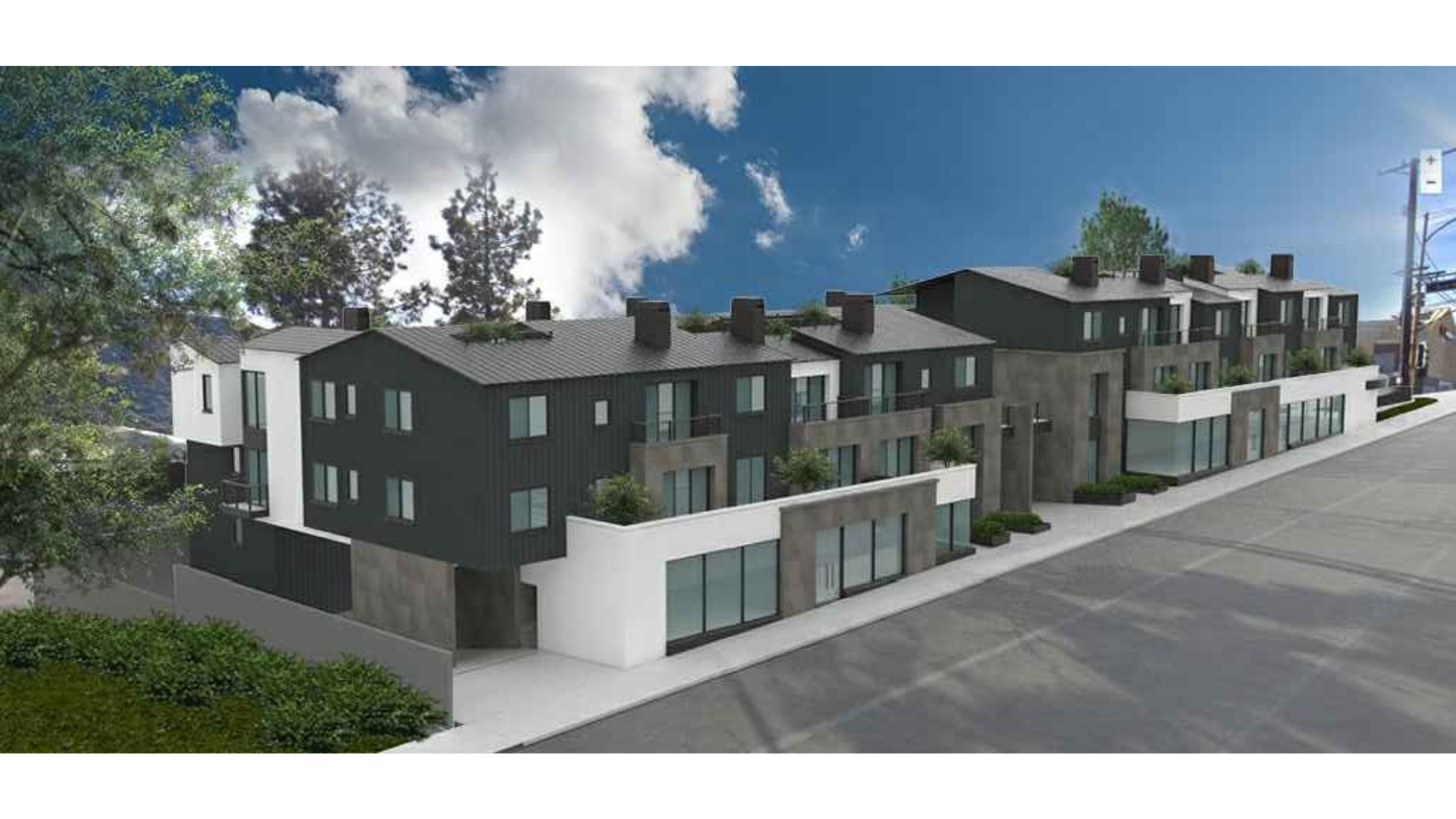 An artist 's impression of a row of houses on a hillside.