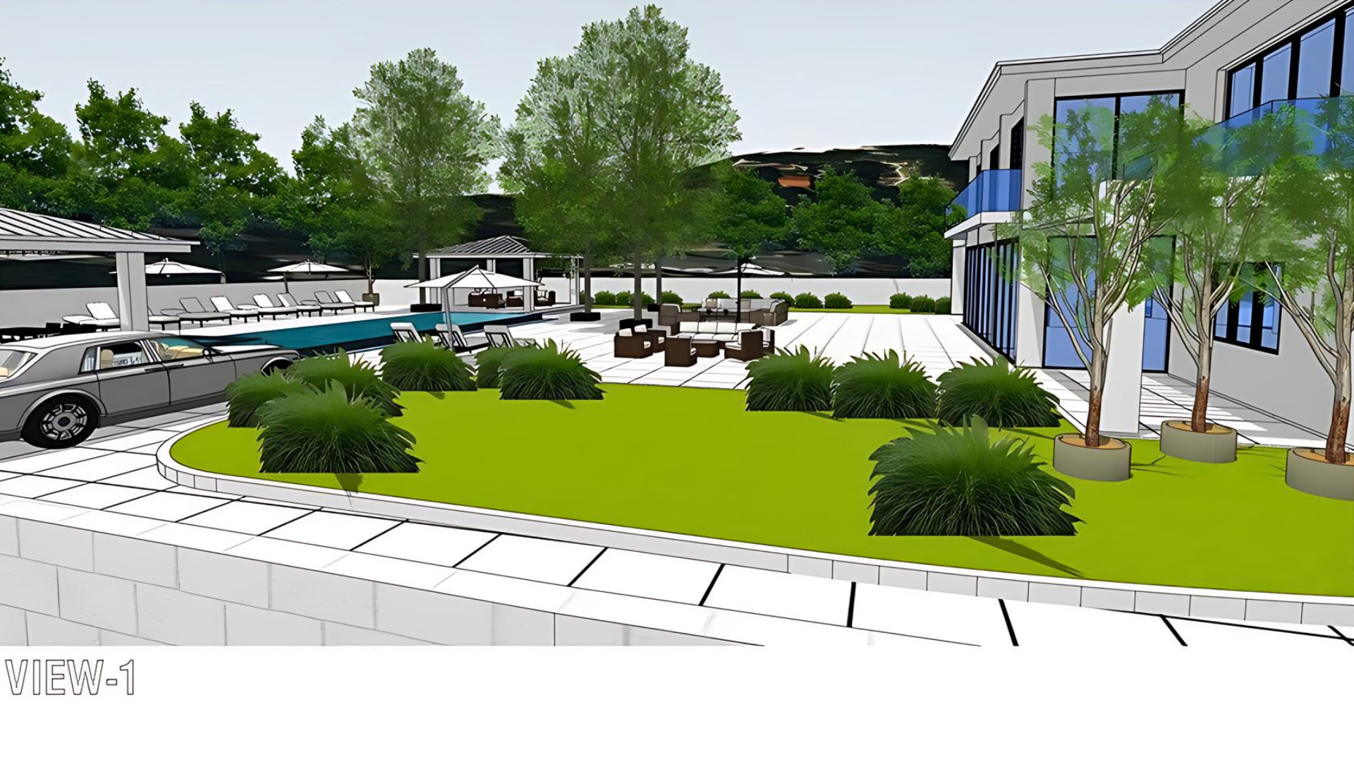 A computer generated image of a house with a swimming pool