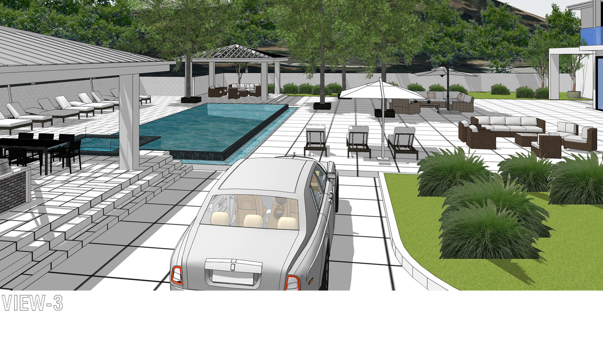 A car is parked in front of a swimming pool