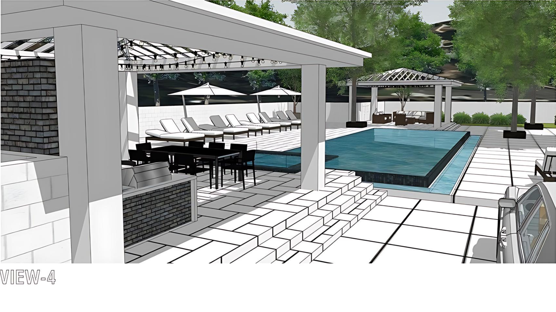 An artist 's impression of a swimming pool with umbrellas and chairs